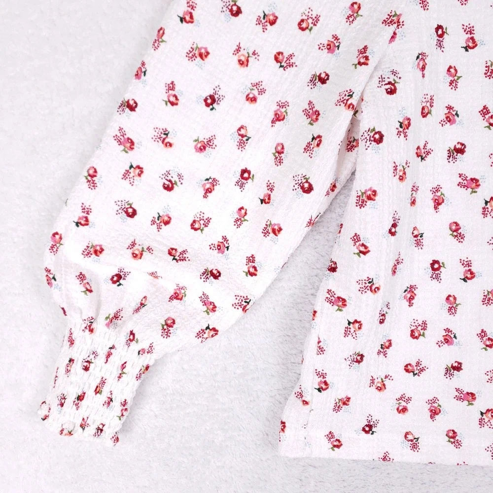 LOFT Blouse Womens Medium Square Neck Puff Sleeve Floral White Cottagecore‎ Boho